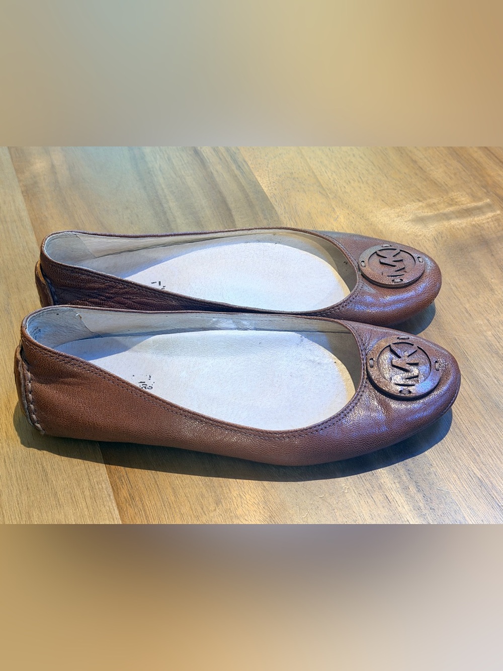 Michael Kors Fulton Ballet Flats Brown Luggage Leather MK Logo Rounded Toe Sz 8